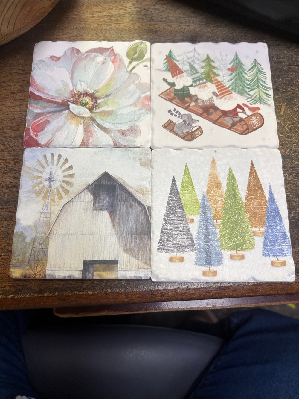 Set of 4 Decorative Holiday and Floral Ceramic Coasters